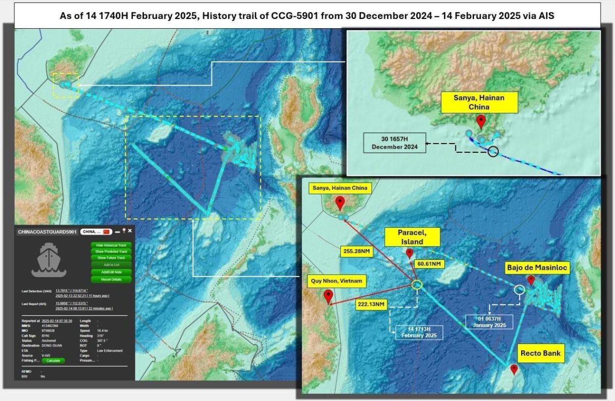 CAPTION: The track of China Coast Guard’s monster ship since Dec. 30, 2024. PHOTO FROM THE PHILIPPINE COAST GUARD