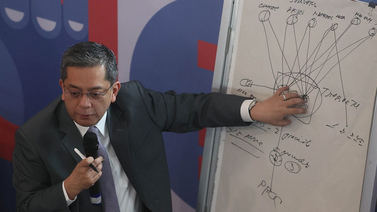 Commission on Elections Chair George Garcia explains the transmission of votes as certificates of canvass are opened on Tuesday. PHOTO BY MARIANNE BERMUDEZ